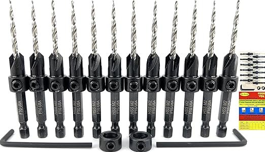 FTG USA 12 Pc #6 (9/64") Countersink Drill Bit Set for Wood with Tapered Drill Bit