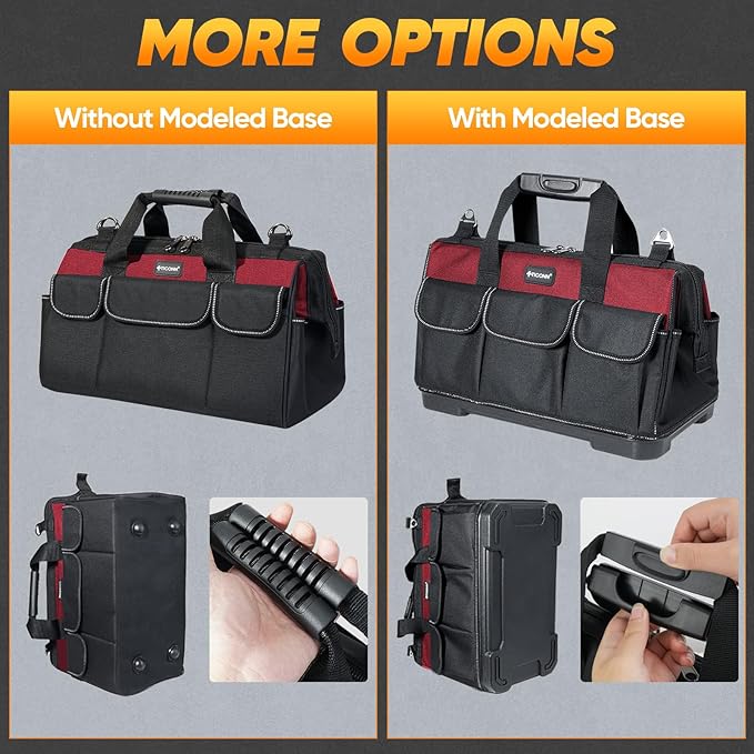 TICONN Heavy Duty Tool Bag with Multi-Pockets, Portable Tool Box Organizer Storage Bag, with Adjustable Shoulder Strap and Ergonomic Handle (Red, 14" Molded Base)
