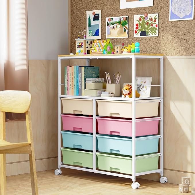 Rolling Cart with 8 Drawers, Storage Drawer Cart with Wooden Tabletop, Lockable - Image 7