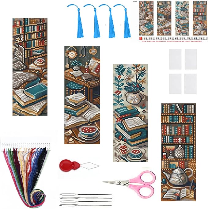 4PC Blue Bookshelf Counted Cross Stitch Bookmark Kit by Paintcolordiamondpainting