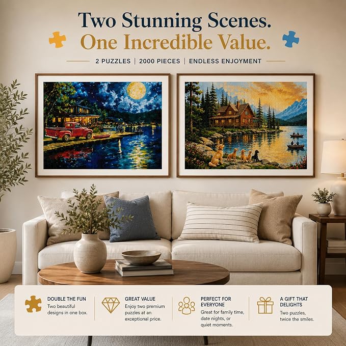 Puzzles for Adults 1000 Pieces, 2 Pack Lake Cabin and Moonlight Jigsaw Puzzles - Image 3