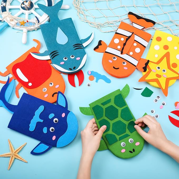 Liliful 24 Pcs Ocean Animals Hand Puppet Making Kit Felt Arts and Crafts Puppet - Image 3