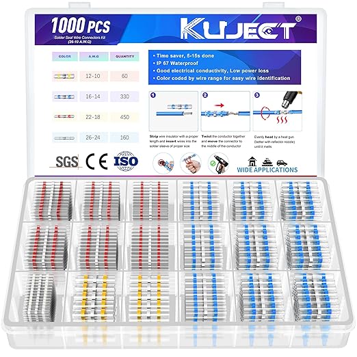 Kuject Heat Shrink Solder Seal Wire Connectors Kit 1000PCS, Waterproof Butt Connector Heat Shrink Electrical Terminals, Insulated Solderless Wiring Splice Connectors for Marine Automotive Boat Truck