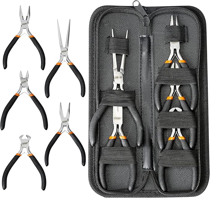 SOONAN 5 Pieces Mini Pliers, Long Lasting Tool Set Cable Cutters – Long Needle Nose, Long Nose, Nipper Bent Nose, End Cutting, Diagonal Cutting, Precision Pliers Set
