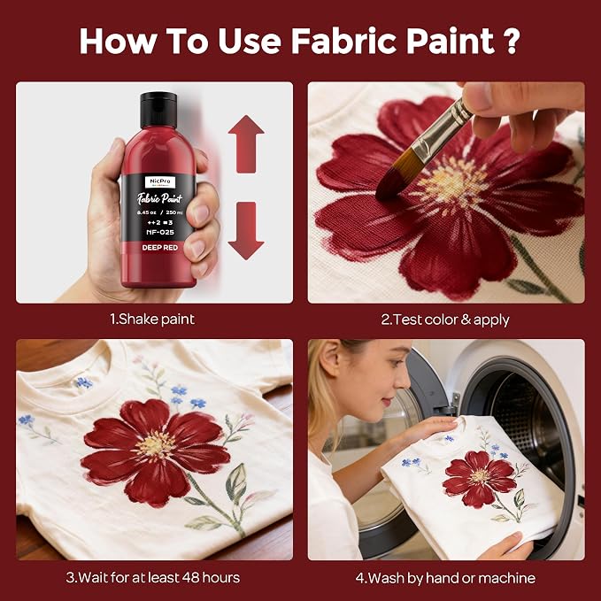 Nicpro Dark Red Fabric Paint, 8.45 oz Fabric Paint - Image 4