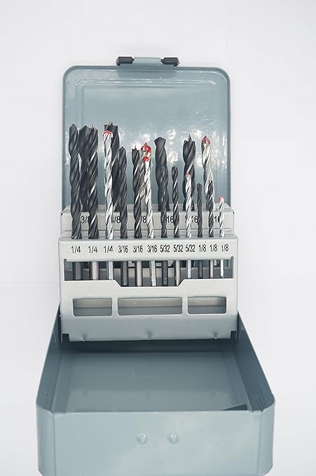 DRILLFORCE 18pc Combination Drill Set - HSS, Brad Point Wood, Masonry Drill Bits