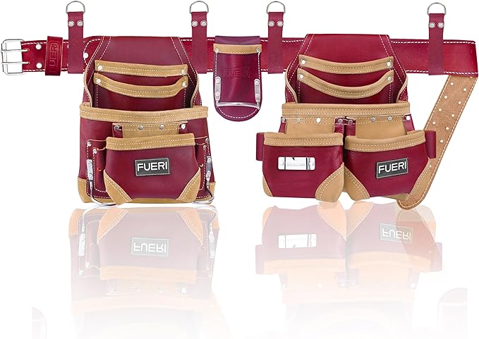 FUERI Leather Tool Belt Bag Men Pouch Heavy Duty Tools Pouches Organizer for Carpenter Construction Electrician Belts Bags Holder (16 Pocket Maroon, Adjustable)