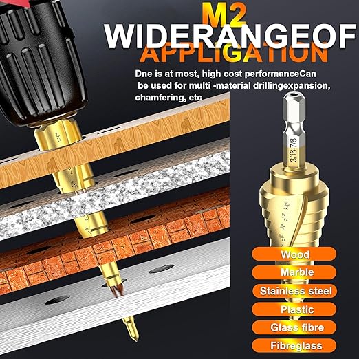 M2 Step Drill Bit Set 3/16"-1/2",1/4" Hex Shank Unibit Step Drill bit,Spiral Grooved for Faster Drilling, Step Bits for Stainless Steel, Wood, Aluminum, Plastic, 6 Step Sizes Taper Drill bit Set