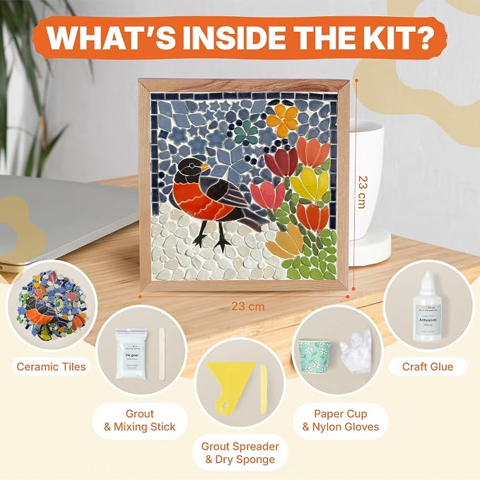 E2CTiles American Robin with Tulip Flower Mosaic Art Kit, DIY Craft Kit | Craft - Image 2