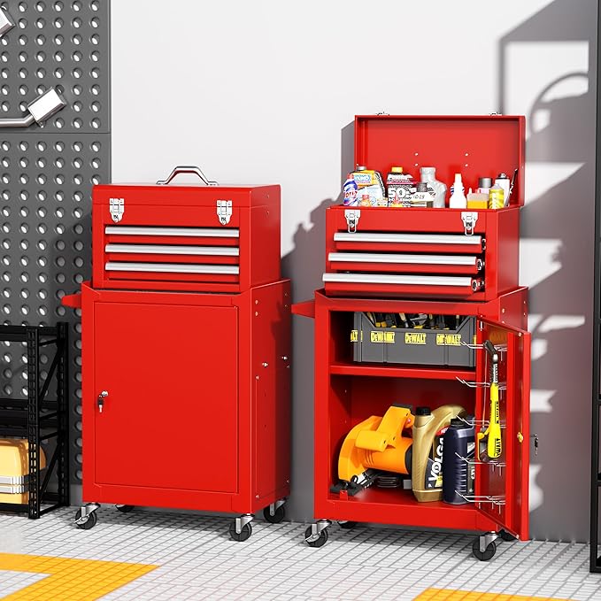 INTERGREAT Tool Chest Cabinet, 3-Drawer Rolling Tool Chest with Detachable Top Tool Box, Tool Storage Cabinet with Universal Lockable Wheels, Metal Tool Cart for Garage, Workshop, Barbershop(Red)