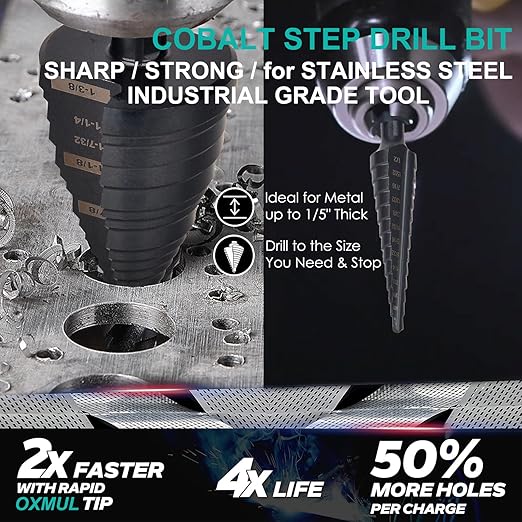 Step Drill Bit for Metal, 7/8" to 1-3/8", Cobalt Step Drill Bits, Heavy Duty for Stainless Steel, Hard Metal, Aluminum, Copper, Industrial Grade, 5-Steps. Co138Z