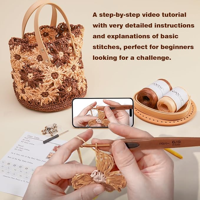 Noocro Crochet Kit for Intermediate or Advanced Level, Floral Raffia Bucket Bag - Image 5