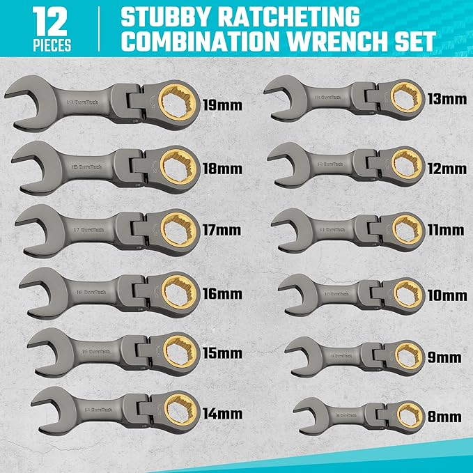 DURATECH 12-Piece Anti-Slip Flex-Head Ratcheting Wrench Set, Stubby Combination Wrench Set, Metric, 8-19mm, 72-Teeth, CR-V Steel, Nickel Plated with Pouch