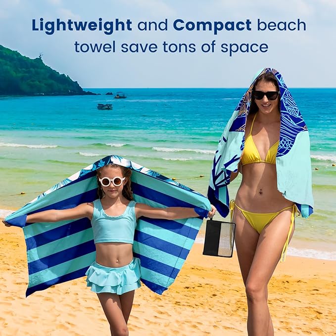 2 Pack Microfiber Beach Towel Oversized 71"x32" Sand Free Quick Dry Absorbent Lightweight Thin , Compact Towels for Travel Swimming Pool Yoga Gym Camping Beach Accessories Vacation Essentials Gift