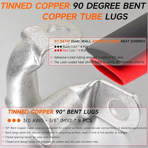 Tinned Copper Cable Lugs 8pcs 3/0 AWG-3/8 90 Degree Bent Battery Lugs,Heavy Duty Wire Lugs,Ring Terminal,000 Guage terminals,Battery Cable Ends/Terminal Connectors with 8pcs 3:1 Heat Shrink Tubing