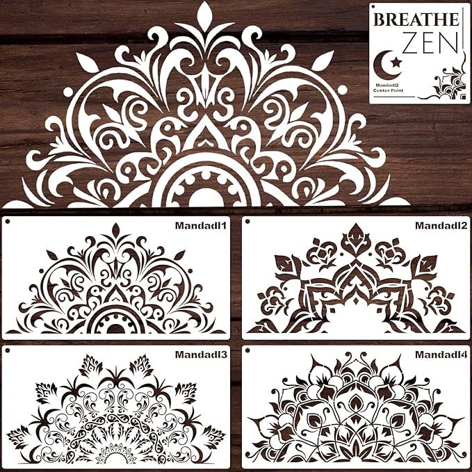 YKW 5 Pack Mandala Stencils for Painting, Large Half Mandala & Breathe Zen by YKW