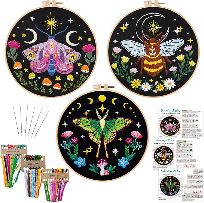 Nuberlic 3 Pack Embroidery Kit for Adults Beginners, Stamped Cross Stitch Moth by Nuberlic