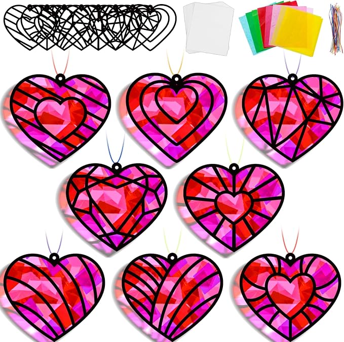 32 Sets Valentines Suncatchers Craft Kit DIY Heart Window Stained Glass Effect by Lonfliness