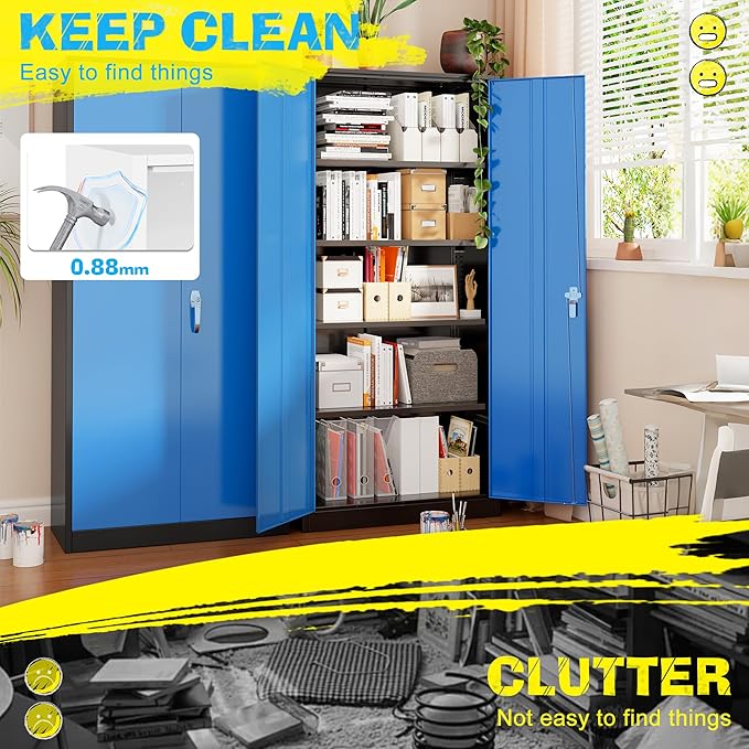 Pataku Metal Storage Cabinet, 72" Garage Cabinet with Doors and Shelves Lockable Steel Multifunctional Cabinets, File Cabinets for Home, Office, Warehouse(Black Blue)
