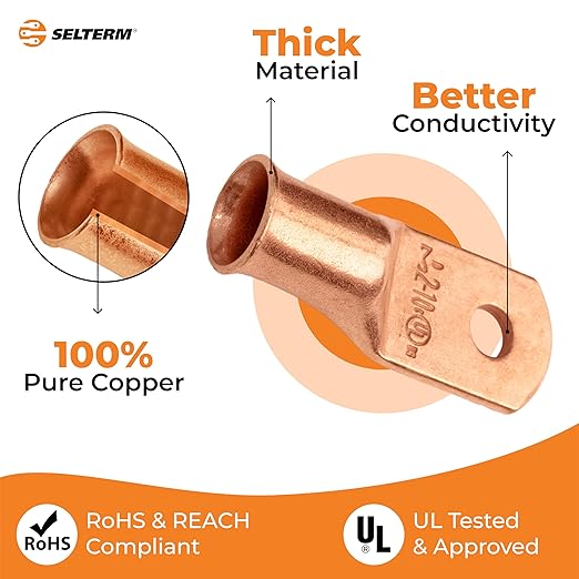 SELTERM 10pcs 2 AWG - #10 Stud Battery Lugs, Heavy Duty Wire Ring Terminals, Cable Ends, 2 Gauge UL Bare Copper Eyelets Electrical Terminal Connectors