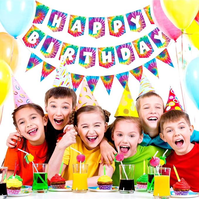 2 Pieces Tie Dye Birthday Party Banner Decorations Hippie Happy Birthday - Image 7