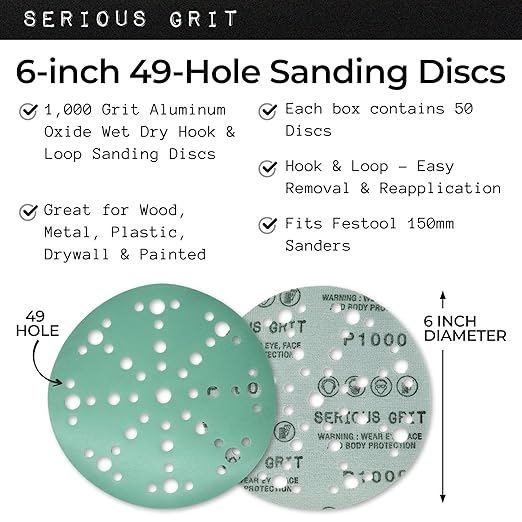 6-Inch 49-Hole 1000 Grit Sanding Discs - Heavy-Duty Hook & Loop Film Discs - Sandpaper for Random Orbital Sanders - 50 Pack Box