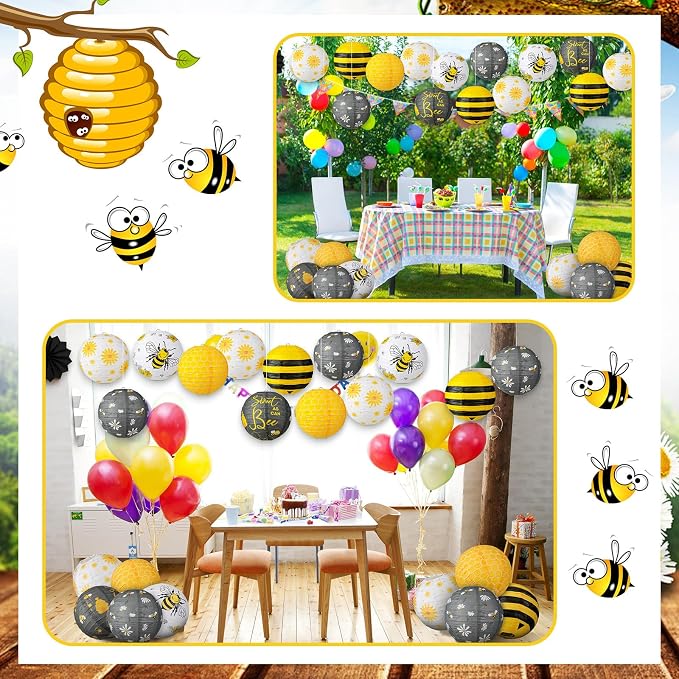 Panelee 12 Pcs Bee Party Decorations Paper Lanterns 8 Inch Hanging Round - Image 7