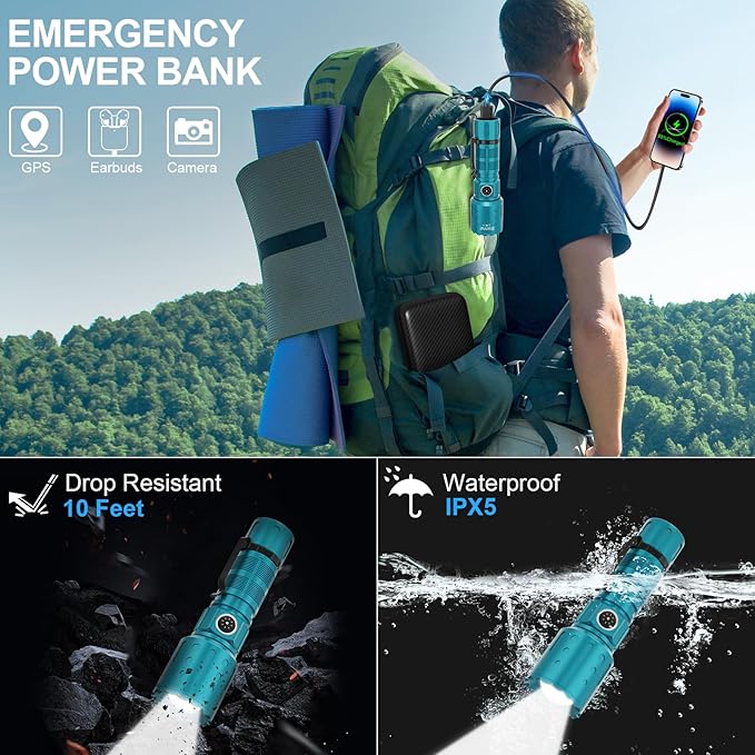 Flashlights High Lumens Rechargeable, Super Bright Long Range Small Powerful Flashlight, 6 Modes LED Tactical Pocket Waterproof Flash Light for Home Emergency (2, Turquoise)