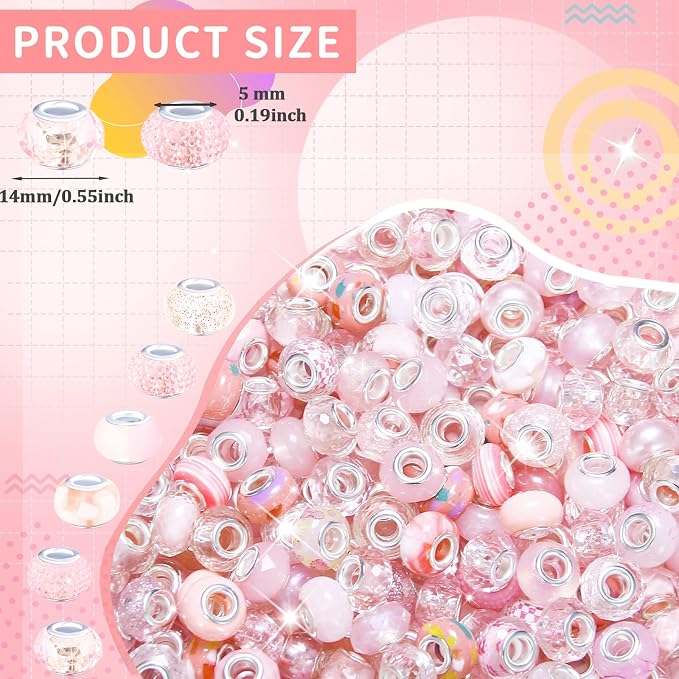 150Pcs Large Hole Beads Spacer Beads Pink Assorted European Craft Big Beads - Image 2