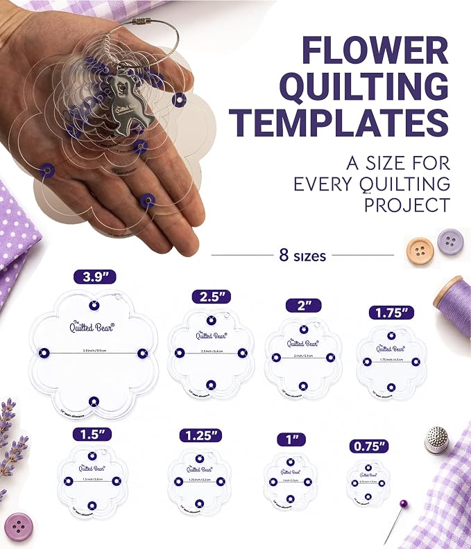 The Quilted Bear Flower Quilting Templates – 8 Clear Non-Slip Acrylic Quilt - Image 2