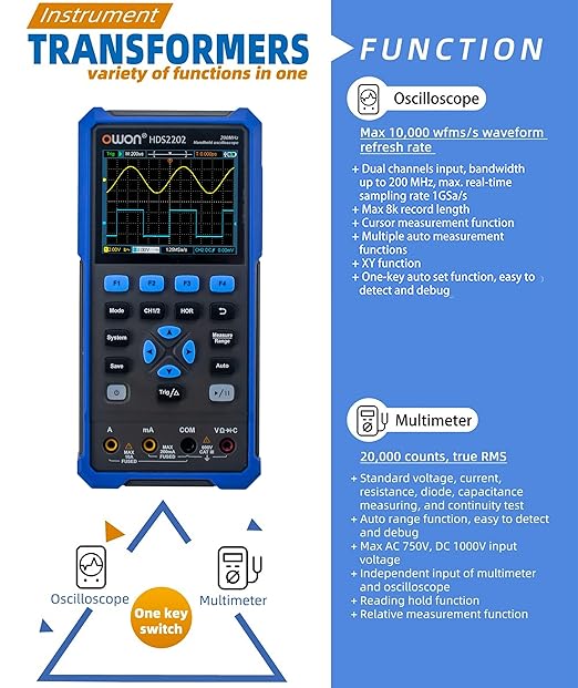 HDS2202 Oscilloscope, 2 in 1 Dual Channel 200MHz Bandwidth Handheld Oscilloscope Multimeter with 1GSa/s Sample Rate for Automobile Measurements, Electronic Measurement Oscillograph