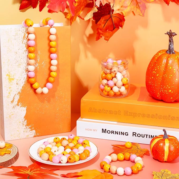 Whaline 240 Pcs Fall Wooden Beads Thanksgiving Harvest Natural Orange Pink - Image 5