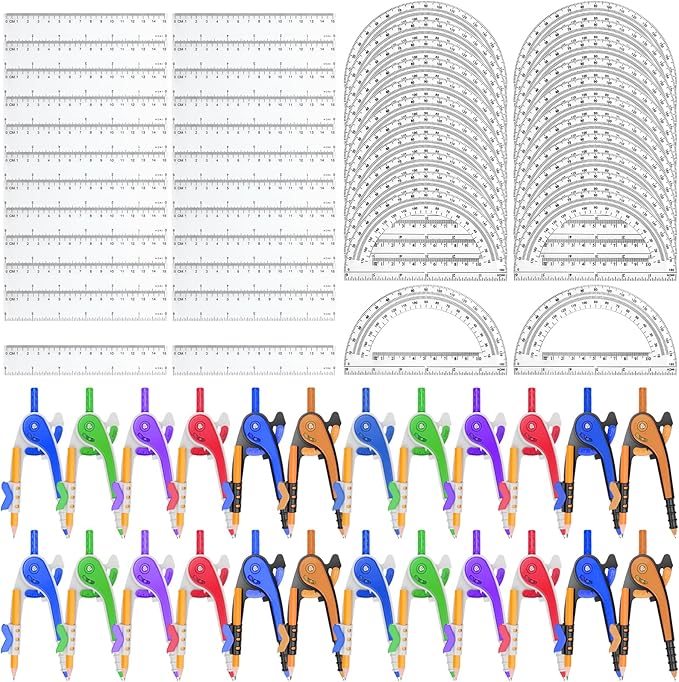 72 Pack Math Compass & Protractor Geometry Math Plastic Ruler Set Drawing Compass with Pencils 6 Inch Plastic Protractor for Geometry Bulk for Office Woodworking Art Drawing