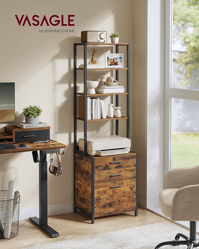 VASAGLE File Cabinet, Home Office Filing Cabinet with Height-Adjustable Open Shelves, 3 Drawers, for A4, Letter-Size Hanging File Folders, Steel Frame, for Home Office, Rustic Brown UOFC078B01