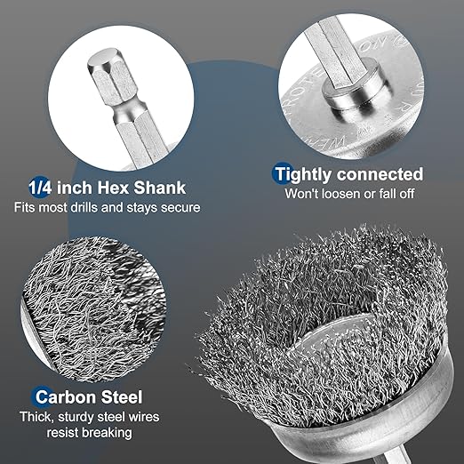 6Pcs Professional Wire Wheel, Carbon Steel Wire Brush for Drill, Drill Cup Brush for Cleaning Rust, Wire Brush Drill Attachments with 1/4 Inch Hex Shank