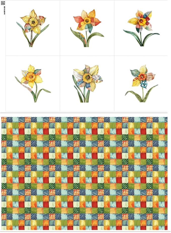 Daffodil Patchwork Cotton Fabric Panel – 6 Designs + Bonus Patchwork Sheet by FabricsTown