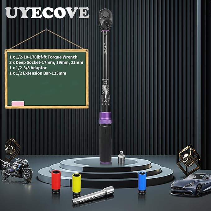 1/2-Inch Drive Click Torque Wrench Set, With Deep Socket, Adaptor, Extension Bar, Dual-Direction Adjustable Reversible Click, Dual Range Scales 10-170FT.LB and 13.6-230.5N.M