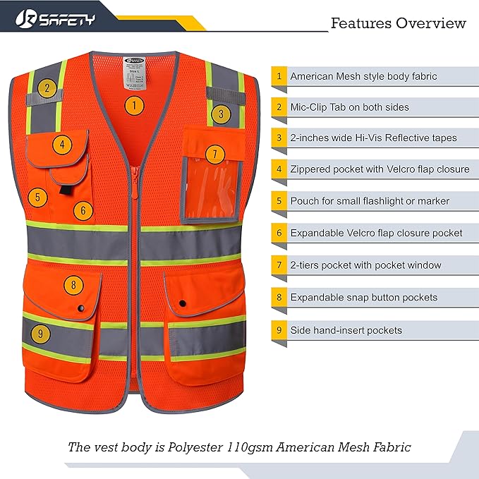JKSafety 9 Pockets Hi-Vis Reflective Safety Vest | Mesh Fabric | Fluorescent Orange Color with Neon Yellow Extended Trims | ANSI/ISEA Compliance (100-Orange, 5XL)