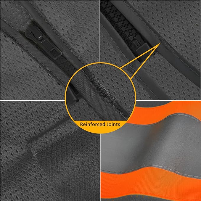 TCCFCCT Mesh Reflective Safety Vest with Pockets High Visibility Vest for Men Women, Work Vest with Fluorescent Orange Extend Edge, Meets ANSI/ISEA Standards, Grey, 3XL