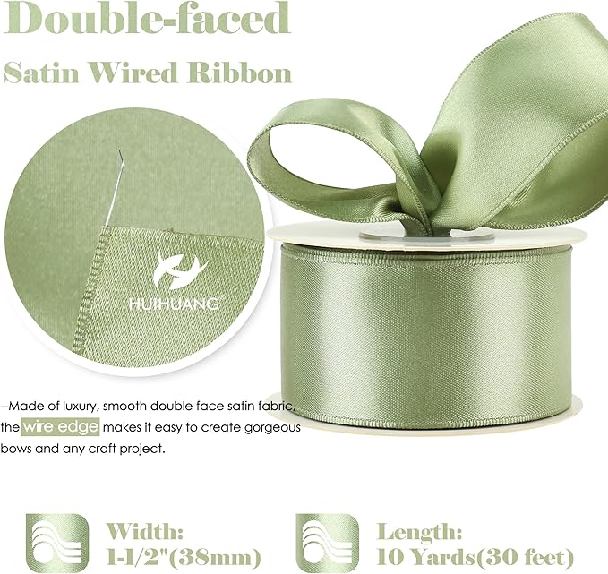 HUIHUANG Sage Green Satin Wired Ribbon 1-1/2 inch Spring Moss Wire Edge Ribbon - Image 2