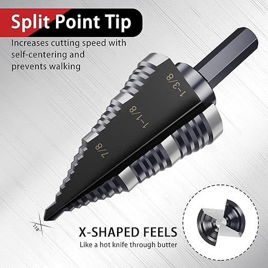 1/4 to 1-3/8 Inch Step Drill Bit, M2 High-Speed Steel Double Fluted Drill bits, Straight Grooved Step Drill Bit for Hole Drilling in Stainless Steel, Copper, Aluminum, Wood, Plastic