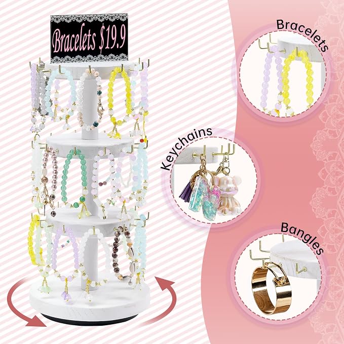 Pinzoveco Bracelet Holder, 3 Tier Wooden Rotating Bracelet Display Stand - Image 3