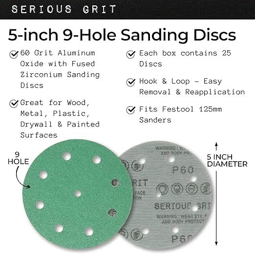 5-Inch 9-Hole 60 Grit Sanding Discs - Heavy-Duty Hook & Loop Film Discs - Sandpaper for Random Orbital Sanders - 25 Pack Box