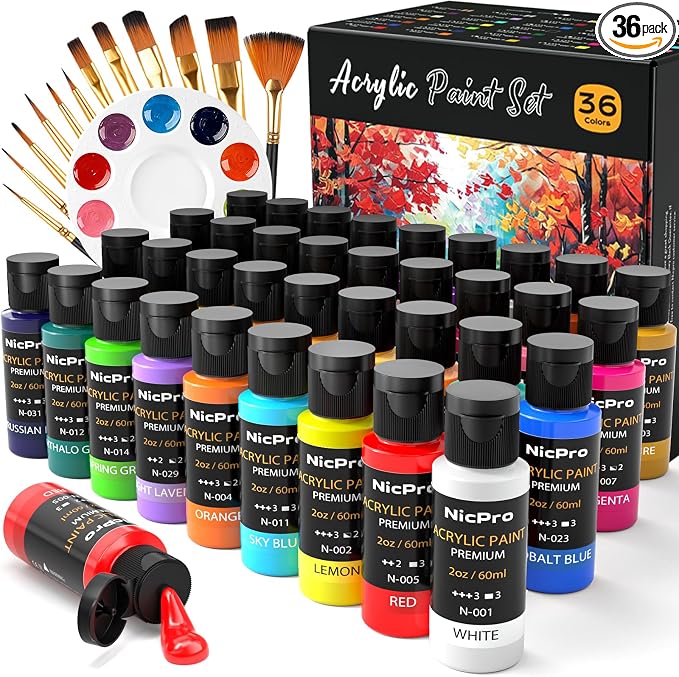 Nicpro Acrylic Paint Set, 36 Colors x 2 oz/60 ml by Nicpro