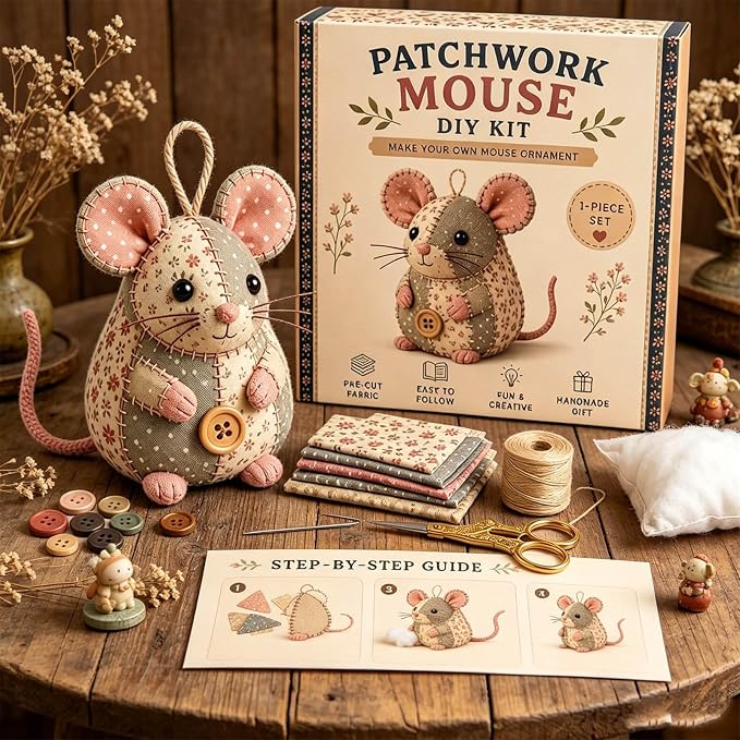 Patchwork Mouse DIY Kit, Handmade Sewing Craft Kit - Image 3