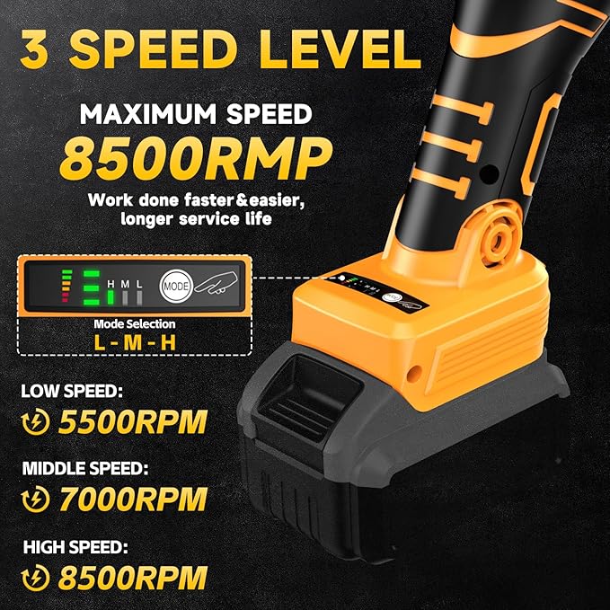 Cordless Angle Grinder for Dewalt 20V Battery, 3 Speed Adjustable Brushless Grinder with Up to 8500 RPM, 5/8''-11 Spindle Portable Grinder for 4-1/2'' Wheels for Cutting, Grinding(NO Battery)