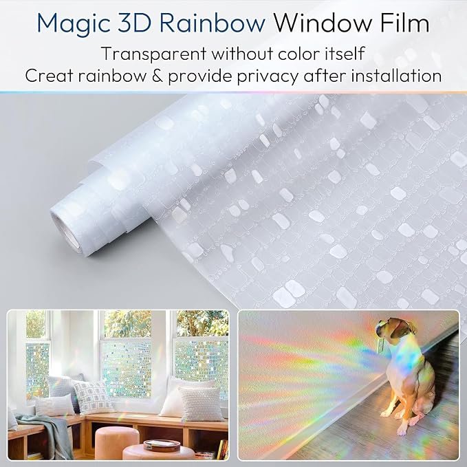 rabbitgoo Window Privacy Film Decorative Rainbow Cling, 23.6" x 118.1" | 3D - Image 6