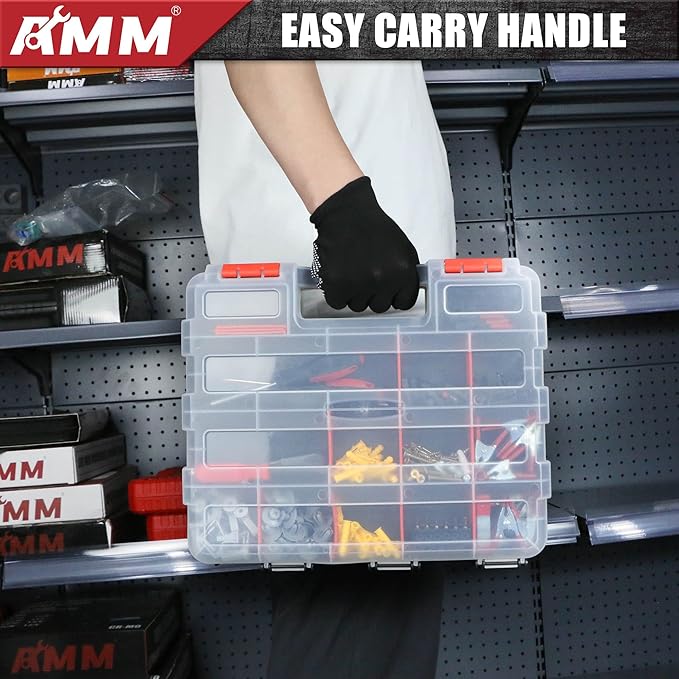 AMM Tool Box, Double Side Tool Box Organizer with 34 Compartments, Removable Dividers, Tackle Box Small Parts Screw Hardware Organizer for Screws, Nuts, Nails and Bolts (2 Piece, Red)