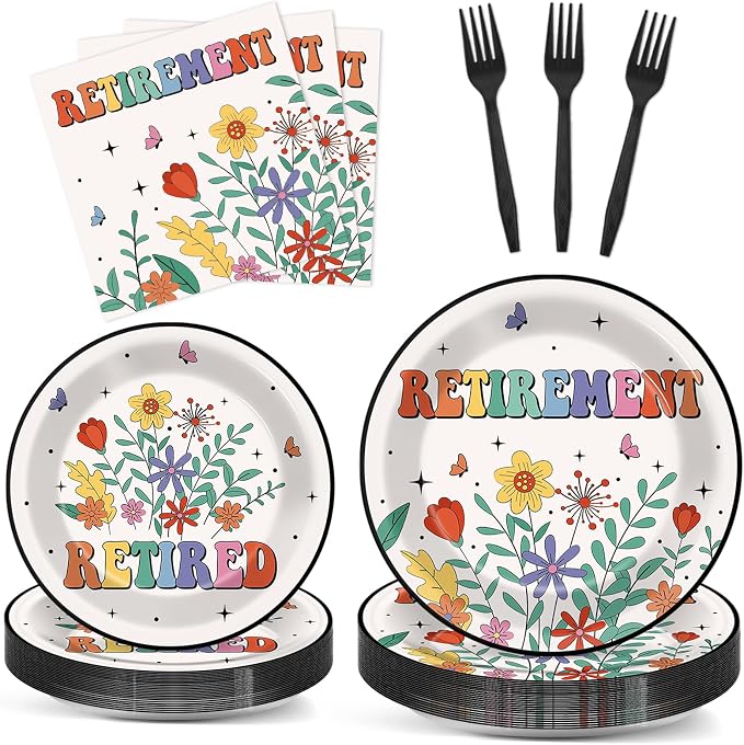 100 Pcs Flower Retirement Party Plates and Napkins Set Happy Retired Birthday by Qyeahkj