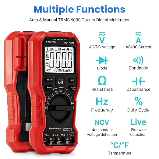 Etekcity Digital Multimeter Voltmeter Tester TRMS 6000 Counts, AC DC Current Voltage Meter, Amp, Ohm, Diode, Capacitance, Frequency, Temperature, NCV, Resistance, Red, MSR-A2000